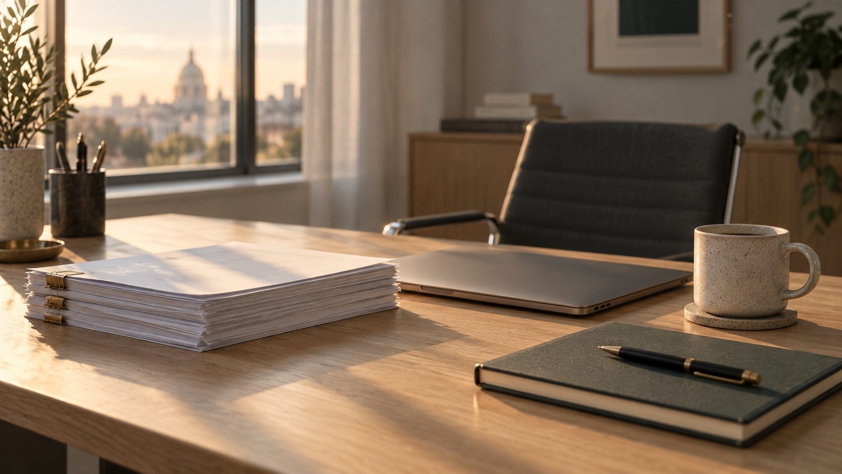 An empty office desk in late-afternoon sun, finished paperwork neatly stacked beside a closed laptop