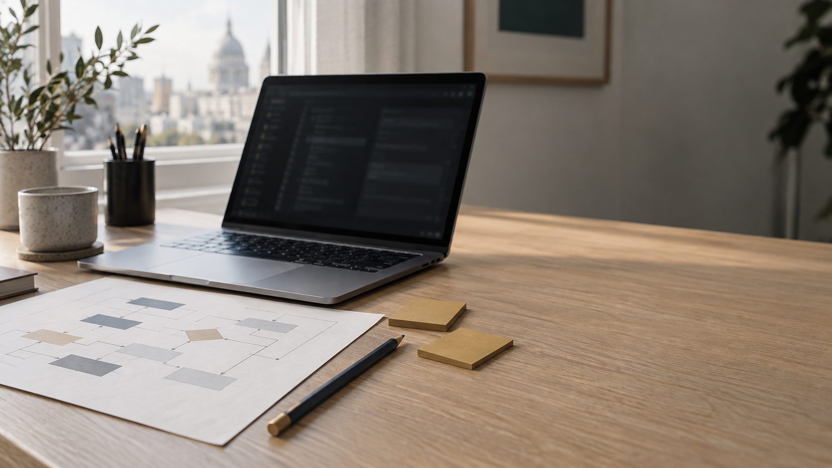 A tidy desk in a bright London office, with a printed process diagram beside an open laptop
