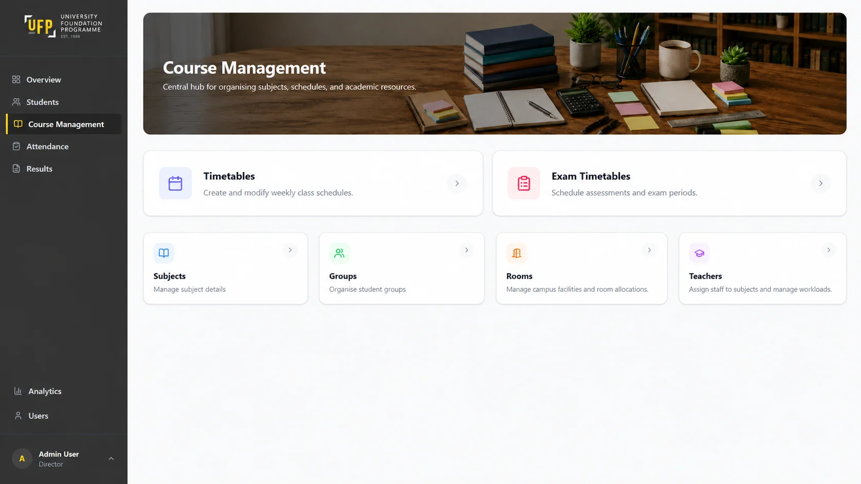 UFP portal course management hub with links to timetables, exam timetables, subjects, groups, rooms and teachers