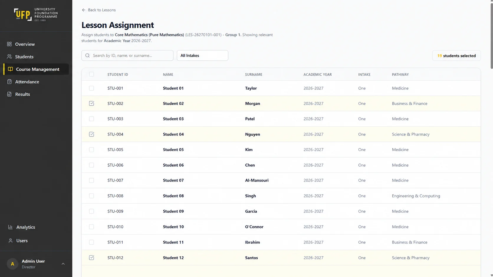 Lesson assignment screen for selecting which students join a lesson, filtered by academic year and intake